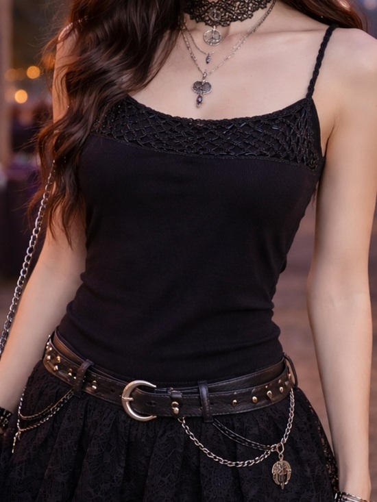 Source Unknown Tops - Y2K Black Beaded Crochet Cami Top Grunge Edgy Night Out Festival Whimsigoth